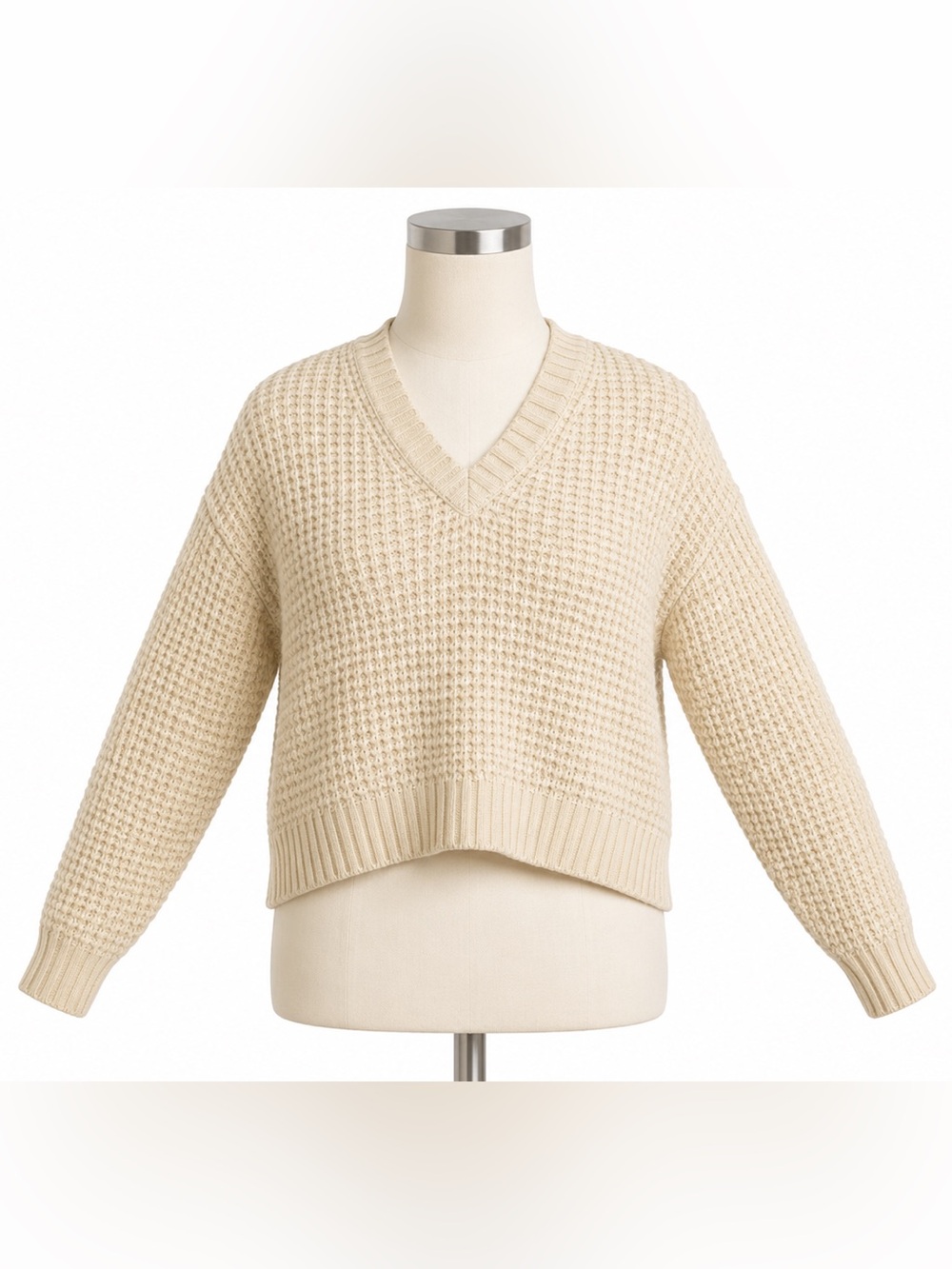 American Eagle Cream Waffle Knit V-Neck Sweater Size Large Cozy Pullover